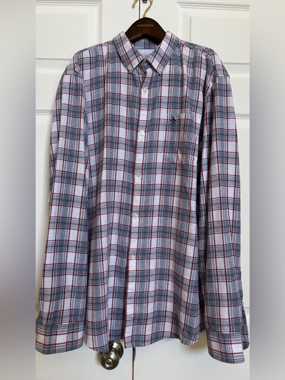 Original Penguin Plaid Flannel Button Down Shirt XXL Red Blue White Casual